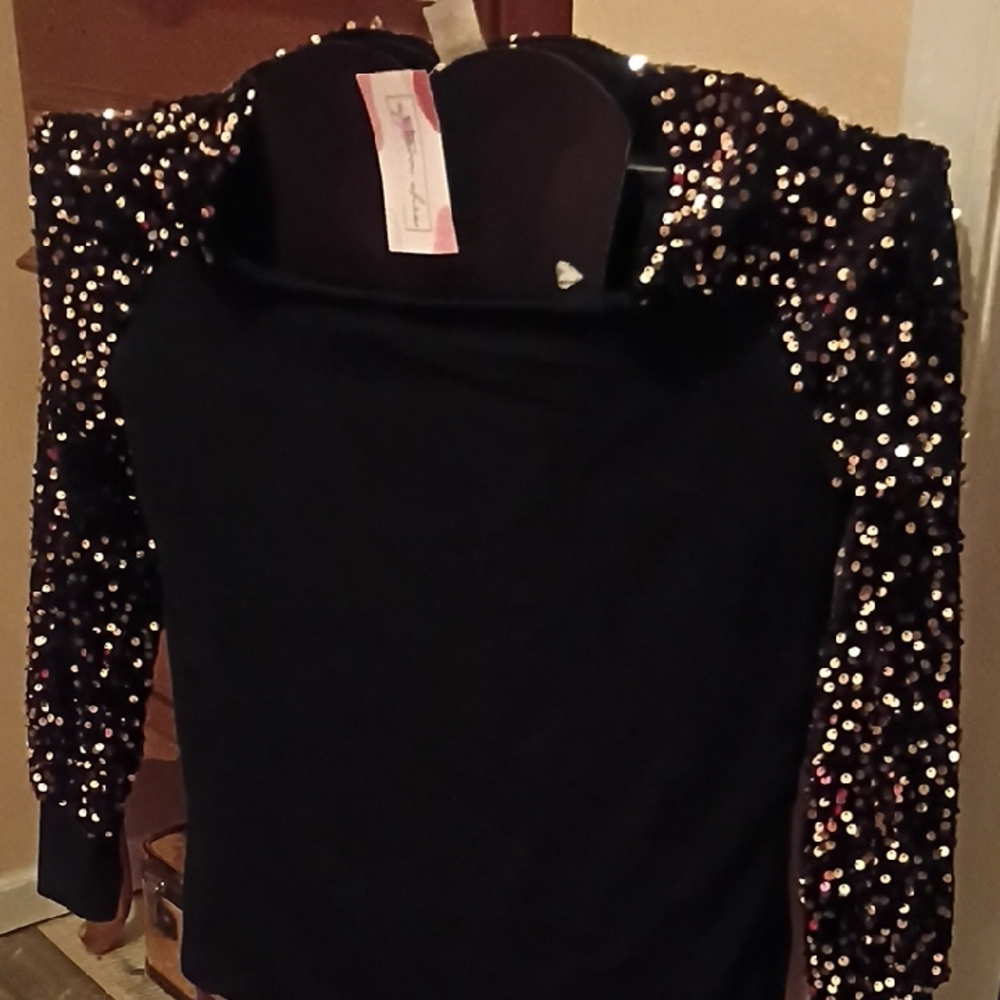 BiBi Black Top with Sequin Sleeves